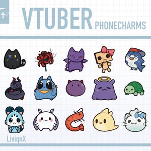 以下が含まれることがあります： カラフルなVTUBERフォンチャームのコレクション。黒猫、紫のコウモリ、ピンクのリボンをつけたロボット、青い魚、カメ、エビなど、さまざまな漫画のキャラクターが特徴です。「VTUBER PHONECHARMS」の文字が上部に表示されています。