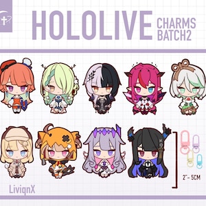 Peut inclure: Collection de breloques Hololive, lot 2, présentant dix personnages de style anime aux couleurs vives. Chaque breloque est une figurine unique de style chibi avec des couleurs vives et des tenues détaillées. Comprend des porte-clés, mesurant environ 5 cm de long.