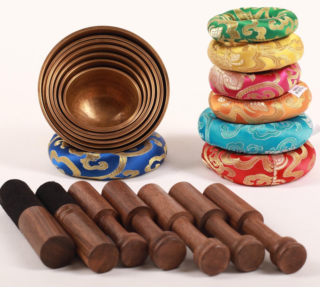Hand-beaten Tibetan Singing Bowl Set of 7 With Free Cushions and ...