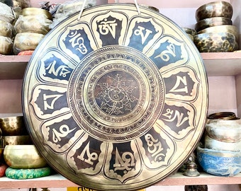 Special flower with mantra carved gong from nepal-singing bell-temple gong best for sound healing meditation peace and mindfulness