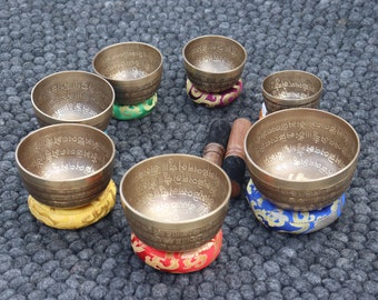 Mantra Etching Singing Bowl - Set of Seven Spiritual Himalayan Healing Singing Bowls - Made in Nepal