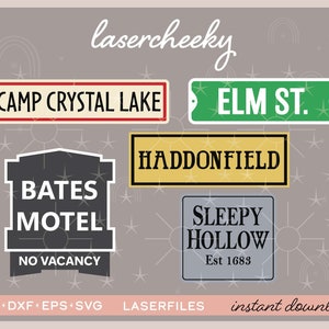 Scary Movie Signs SVG | Horror Movie Signs | Halloween Tree Decorations Ornaments | Bates Motel Camp Crystal Lake Elm Street Glowforge