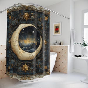 Celestial Dreamscape Shower Curtain | Boho Bathroom Decor, Moon and Stars, Magical Home Accent, Gift for Astrology Lovers