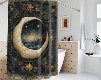 Celestial Dreamscape Shower Curtain | Boho Bathroom Decor, Moon and Stars, Magical Home Accent, Gift for Astrology Lovers