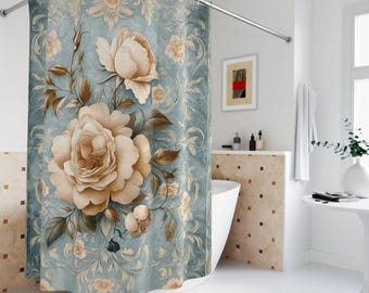Cortina de ducha floral vintage, decoración de baño bohemia, accesorios elegantes para el hogar, diseño floral clásico, idea de regalo única