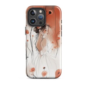 May include: A phone case featuring a white background with a drawing of a woman in a white dress amidst red flowers. The woman is looking down and has long brown hair. The phone case has a camera cutout in the top left corner.