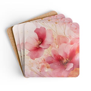 Floral Corkwood Coaster Set, Elegant Drink Coasters, Home Decor, Kitchen Accessory, Gift for Mom, Spring Table Decor