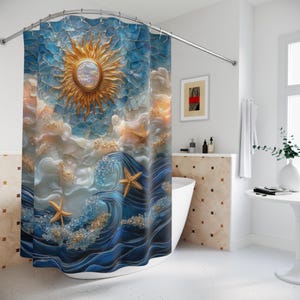 Tende da doccia con onde oceaniche, decorazioni per il bagno in vetro colorato, accessori per la casa in stile costiero, tenda da doccia con motivo casa sulla spiaggia, bagno a tema marino,