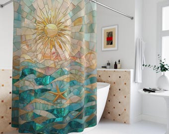 Cortina de ducha con vitrales y sol, decoración náutica para baño, cortinas de ducha con ambiente oceánico, artículos esenciales para una casa de playa, idea de regalo costero