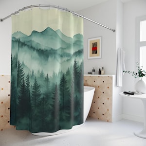 Mountain Mist Shower Curtain, Nature Decor, Forest Theme Bathroom, Tranquil Home, Cozy Vibe, Eco-Friendly Design