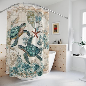 Rideau de douche inspiré de l'océan avec tortues et carte, décoration de salle de bain nautique, accessoires de maison côtiers, cadeau pour amoureux de la plage