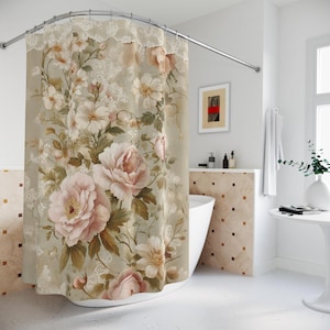 Vintage Floral Shower Curtain, Boho Bathroom Decor, Soft Pink Flowers, Rustic Home Decoration, Ideal for Gift Giving, Mother&#39;s Day