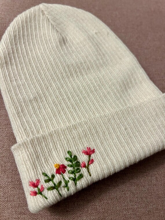 Floral Embroidered Knit Beanie - Cream Knit Embroidered Floral Winter Hat - – The Country Christmas  main image 2