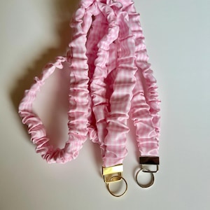 Teacher Gift Idea Gingham Lanyard Badge Holder Purple Pattern Design Scrunchie Style Accessory Stretchy Fabric Material Comfortable Wear Work Essential Fashion Forward Look Professional Necessity Cute Office Supply School Staff Accessory