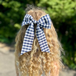 Può includere: Un grande fiocco a quadretti vichy blu navy e bianco è legato tra i capelli di una persona con lunghi capelli biondi ondulati. Il fiocco è un accessorio accattivante. Lo sfondo è verde sfocato.