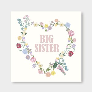 Big Sister - Little Sister - Heart Floral Wreath Square Print - Nursery - Children&#39;s Prints - Wall Art