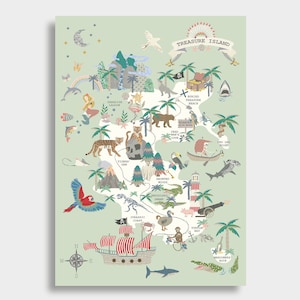 Piratenschatkaart - Kinderkaart - Kinderkaart - Haaien - Tijgers - Avontuur - Kinderkamer - Print - Piraten - Speelkamer