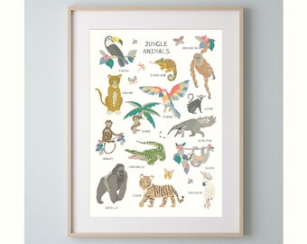 May include: A colorful illustrated poster featuring jungle animals, including a toucan, chameleon, jaguar, monkey, crocodile, gorilla, tiger, orangutan, lemur, parrot, anteater, sloth, and cockatoo. The poster has a white background with green, blue, and yellow accents.