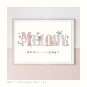 Pretty & Pink Personalised Name Print - Floral - Nursery - Print Poster - Children&#39;s Prints - Wall Art - Liberty - New baby gift