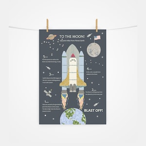 Naar de maan - print - verschillende kleuren - kinderprint - ruimte - raketten - planeten - sterren - kinderkamer - poster - speelkamer - vrijheid
