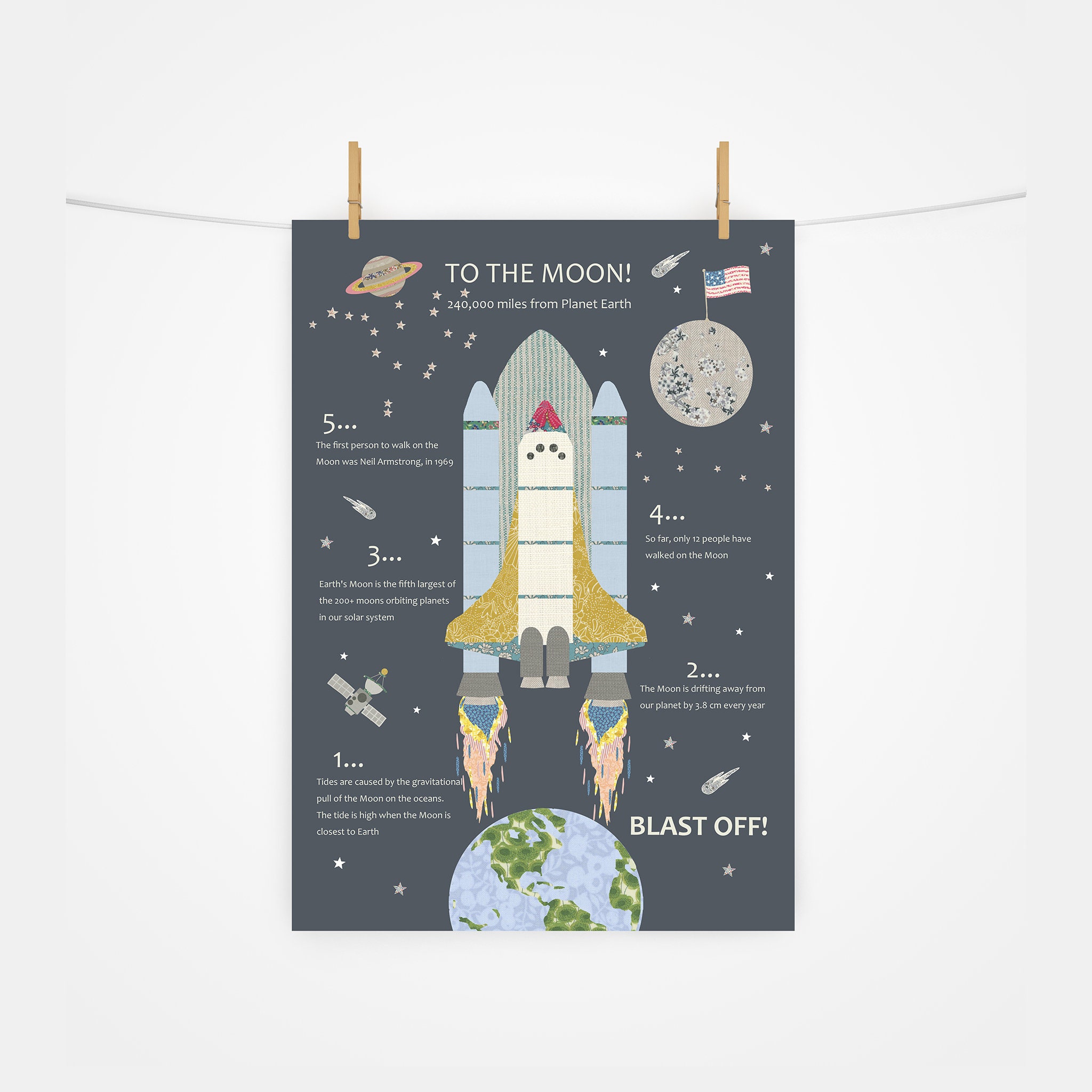 To the Moon - Print - Various Colours - Children's Print - Space - Rockets - Planets - Stars - Nursery - Poster - Playroom - Liberty