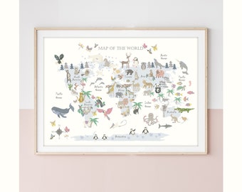 ANIMAL World Map - FLORAL EDITION - Children&#39;s Map - Kids Map - Map of the World - Nursery - Print - Safari Map - Playroom - Liberty