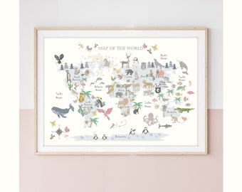 TIER - Weltkarte - FLORAL EDITION - Kinderkarte - Kids Map - Weltkarte - Kinderzimmer - Print - Safari - Spielzimmer - Liberty