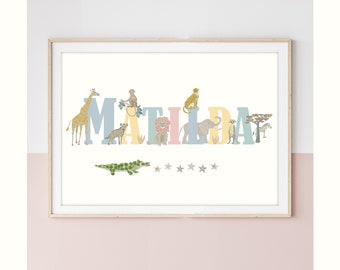 Floral Edition Safari Personalised Name Print - Nursery - Print Poster - Children&#39;s Prints - Wall Art - Liberty - New baby gift
