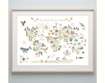 Animaux du Monde - Carte - FRENCH -  français  - Animal World Map in French-  8 Colours - Children's Map - Kids Map - Map of the World