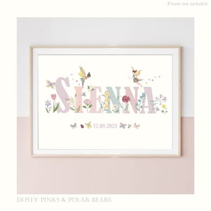 Impresión personalizada con nombre de flores y hadas de Floral Edition - Habitación infantil - Póster impreso - Impresiones infantiles - Arte mural - Liberty - Regalo para bebé recién nacido