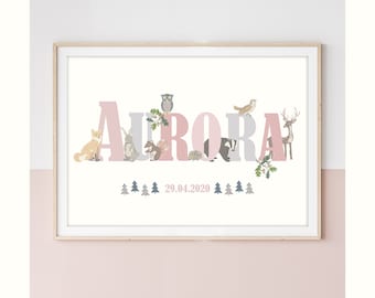 Floral Edition Woodland Animals Personalised Name Print - Alphabet - Nursery - Print Poster - Liberty - New baby gift