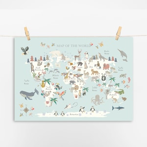 TIER - Weltkarte - OHNE BLUMEN - 9 Farben - Kinderkarte - Kids Map - Weltkarte - Kinderzimmer - Poster - Safarikarte - Spielzimmer