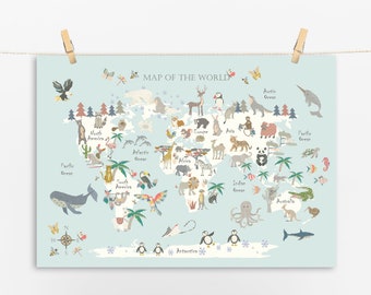 ANIMAL World Map - NO FLORALS - 9 Colours - Children's Map - Kids Map - Map of the World - Nursery - Print - Safari Map - Playroom