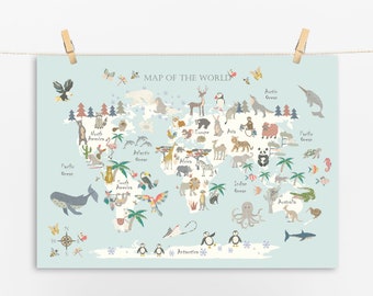 ANIMAL World Map - NO FLORALS - 9 Colours - Children&#39;s Map - Kids Map - Map of the World - Nursery - Print - Safari Map - Playroom