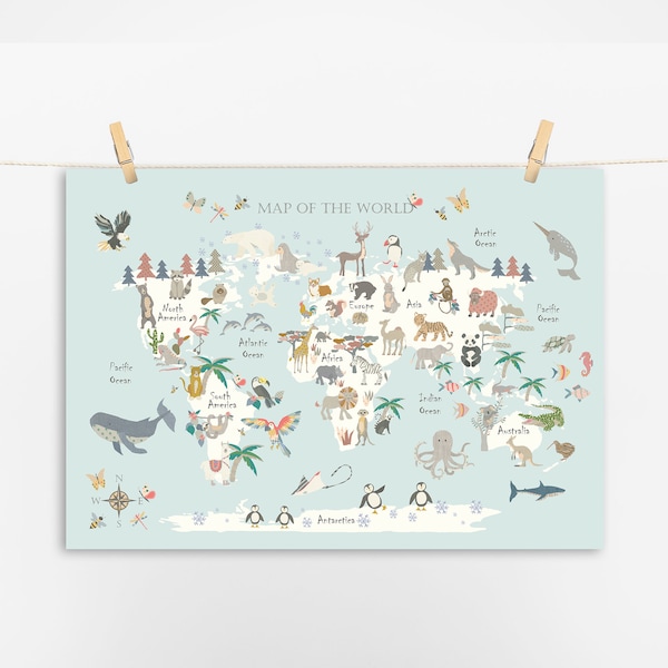 ANIMAL World Map - NO FLORALS - 9 Colours - Children's Map - Kids Map - Map of the World - Nursery - Print - Safari Map - Playroom