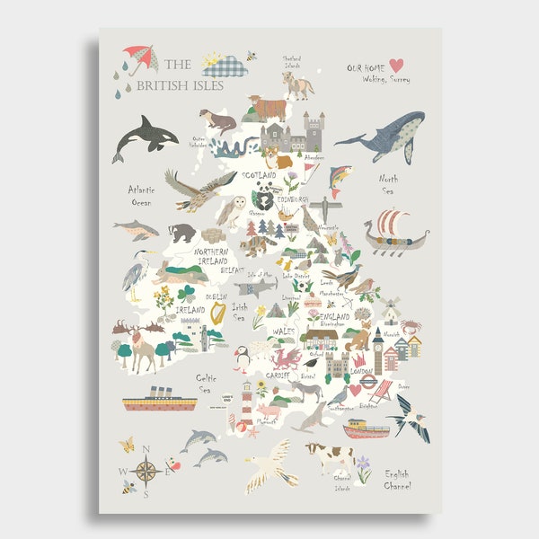 Personalised UK Map - No Florals - Children's Map - Kids - Great Britain & Ireland - Nursery - Print - British Isles - England