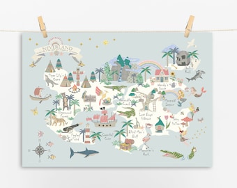 Neverland Map - Children&#39;s Map - Kids Map - Peter Pan - Nursery - Print - Mermaid - Fairies - Pirates - Playroom