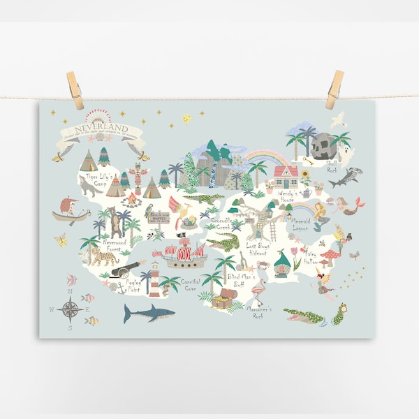 Neverland Map - Children's Map - Kids Map - Peter Pan - Nursery - Print - Mermaid - Fairies - Pirates - Playroom