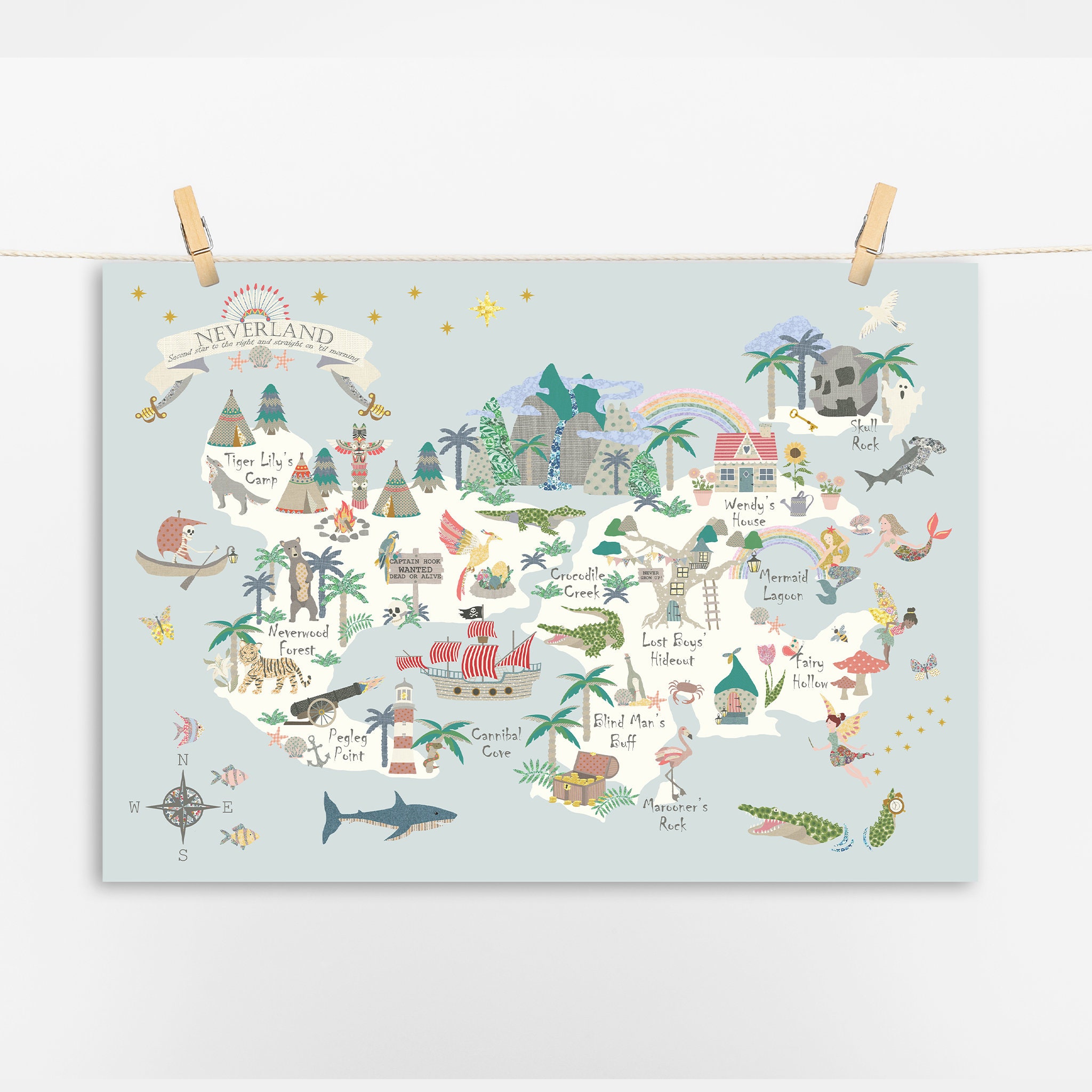 Neverland Map - Children's Map - Kids Map - Peter Pan - Nursery - Print - Mermaid - Fairies - Pirates - Playroom