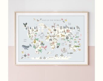 ANIMAL World Map - FLORAL EDITION - Childrens Map - Map of the World - Nursery - Print - Educational Map - Safari Map - Liberty
