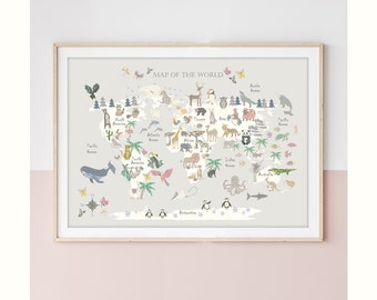 Floral Edition - ANIMAL World Map - Children&#39;s Map - Map of the World - Nursery - Print - Kids Map - Safari Map - Playroom - Liberty