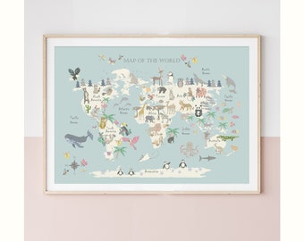 ANIMAL World Map - FLORAL EDITION - Children&#39;s Map - Kids Map - Map of the World - Nursery - Print - Safari Map - Playroom - Liberty