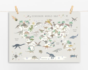 DINOSAUR World Map - Various Colours - Childrens Map - Map of the World - Nursery - Print - Dinosaurs - Kids art - Playroom - Liberty