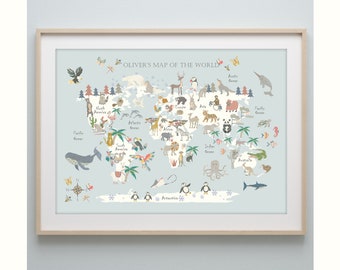 Personalised ANIMAL World Map - No Florals- Children&#39;s Map - Map of the World - Nursery - Print - Safari Map - Scandi - Liberty