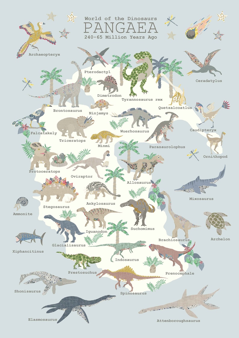 Dinosaur Map Pangaea Various Colours Childrens Map Etsy