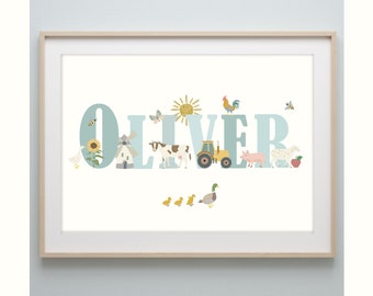 Farmyard Animals Personalised Name Print - Alphabet - Nursery - Print Poster - Children's Prints - Wall Art - New baby gift