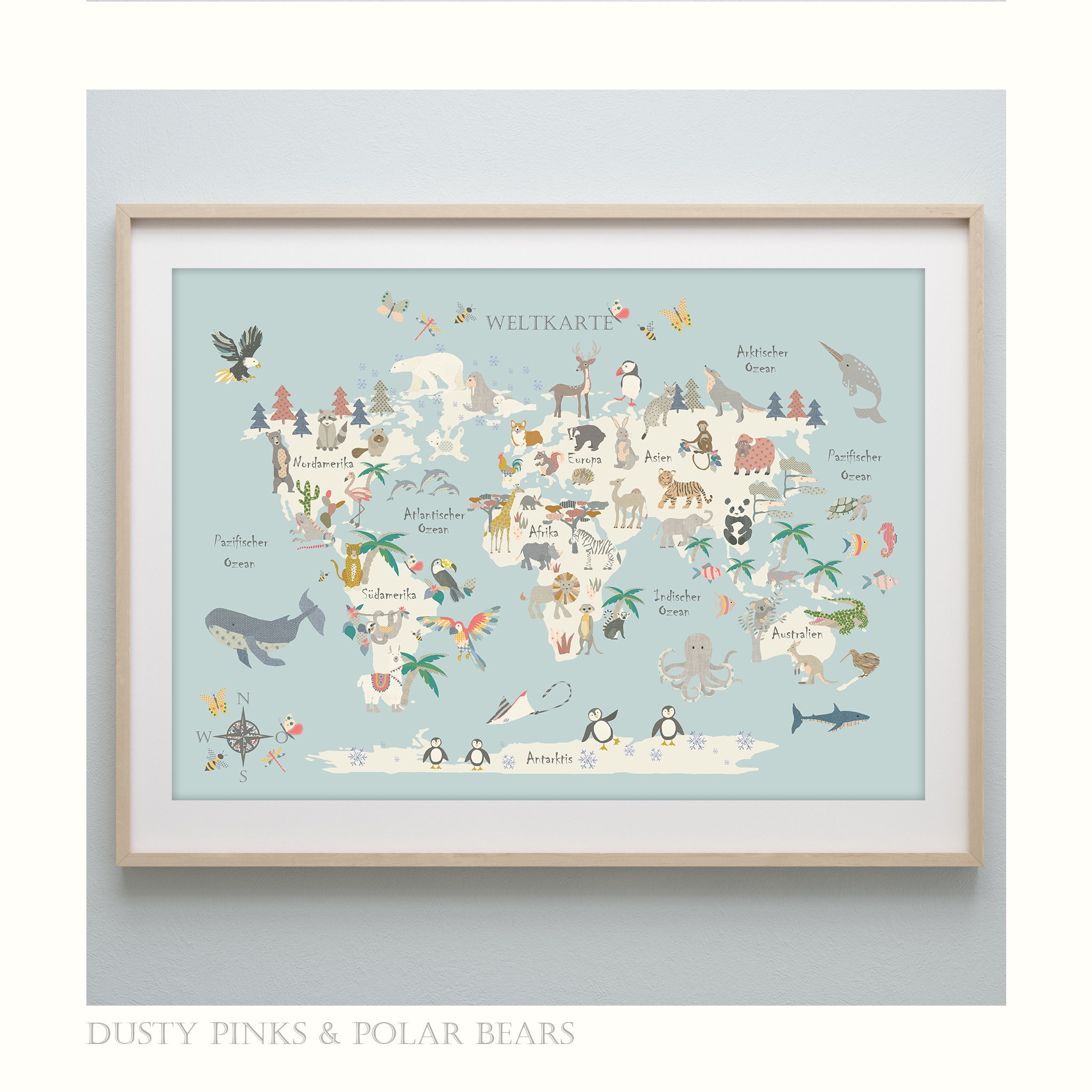 Tierweltkarte - GERMAN - Deutsch  - Animal World Map in German -  9 Colours - Children's Map - Kids Map - Map of the World