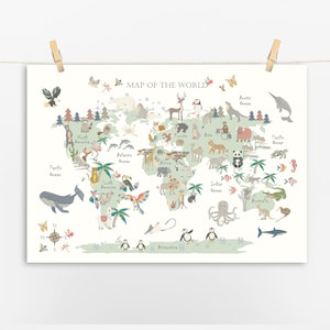 TIER Weltkarte - KEINE BLUMEN - Farbiges Land - Kinder Karte - Weltkarte - Kinderzimmer - Print - Safari Karte - Spielzimmer