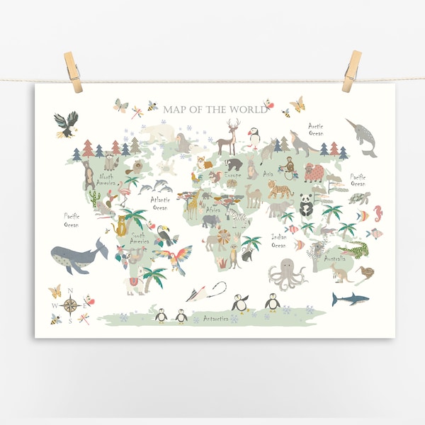 Carte du monde ANIMAL - SANS FLEURS - Terre colorée - Carte pour enfants - Carte pour enfants - Carte du monde - Chambre de bébé - Impression - Carte Safari - Salle de jeux