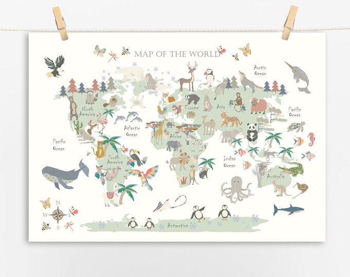 ANIMAL World Map - NO FLORALS - Coloured Land - Children's Map - Kids Map - Map of the World - Nursery - Print - Safari Map - Playroom